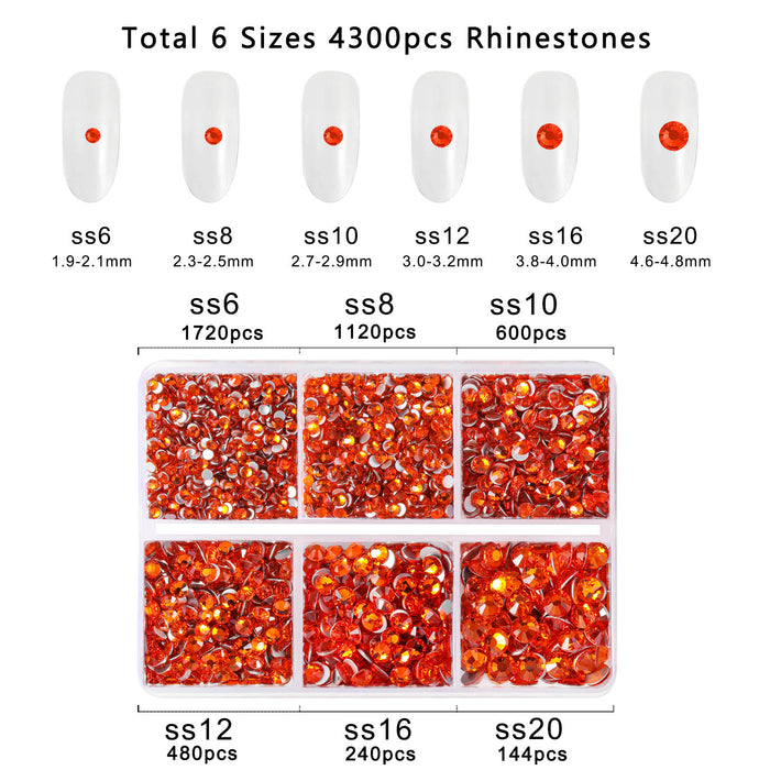 Beadsland 4300 Stück Strasssteine ​​mit flacher Rückseite, Nagelsteine, runde Kristall-Strasssteine ​​zum Basteln, gemischt in 6 Größen, mit Picking-Pinzette und Wachsstift-Set – Orange