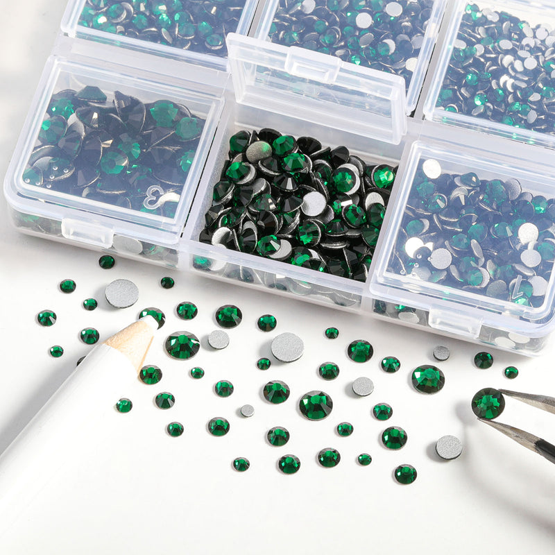 Beadsland 4300pcs Flatback Rhinestones,  Nail Gems Round Crystal Rhinestones for Crafts,Mixed 6 Sizes with Picking Tweezers and Wax Pencil Kit- Emerald