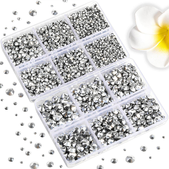 6736 piezas de diamantes de imitación Hotfix para manualidades ropa mezclada en 5 tamaños, cristales Hotfix con pinzas y kit de lápiz de cera, SS6-SS30- hematita plateada