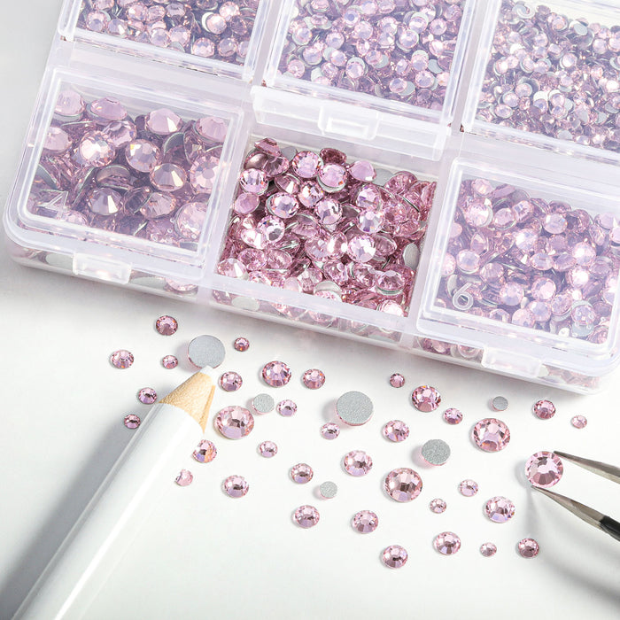 Beadsland 4300 piezas de diamantes de imitación con reverso plano, gemas para uñas, diamantes de imitación de cristal redondos para manualidades, mezcla de 6 tamaños con pinzas para recoger y kit de lápiz de cera, color rosa claro