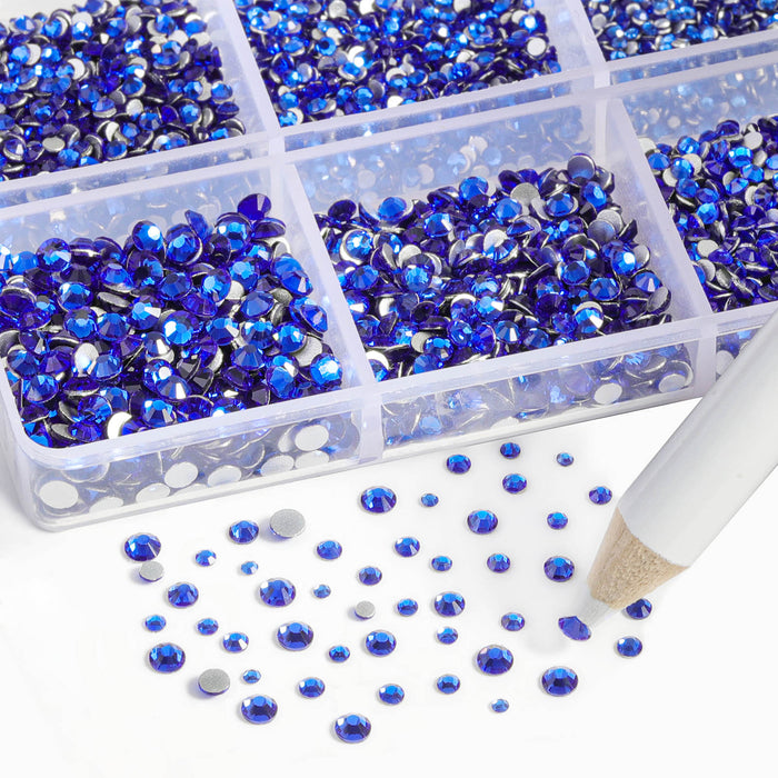 Beadsland 7200pcs Flatback Rhinestones,Nail Gems Round Crystal Rhinestones for Crafts,Mixed 6 Sizes with Wax Pencil Kit, SS3-SS10- Sapphire