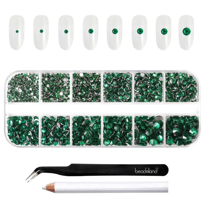 Beadsland Rhinestones for Makeup,8 sizes 2500pcs Flatback Rhinestones Face Gems for Nails Crafts with Tweezers and Wax Pencil- Emerald