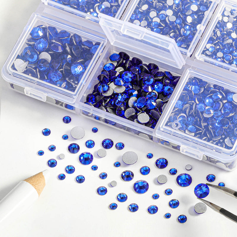 Beadsland 4300pcs Flatback Rhinestones,  Nail Gems Round Crystal Rhinestones for Crafts,Mixed 6 Sizes with Picking Tweezers and Wax Pencil Kit- Sapphire