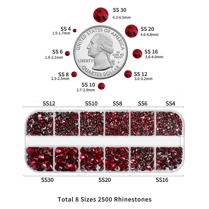 Diamantes de imitación Beadsland para maquillaje, 8 tamaños, 2500 piezas, diamantes de imitación con reverso plano, gemas para la cara para manualidades de uñas con pinzas y lápiz de cera, Siam oscuro