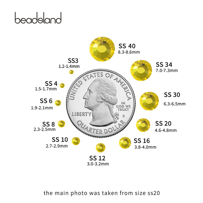 Beadsland - Diamantes de imitación de cristal con parte trasera plana, gemas redondas para decoración de uñas y pegamento para manualidades, color amarillo limón