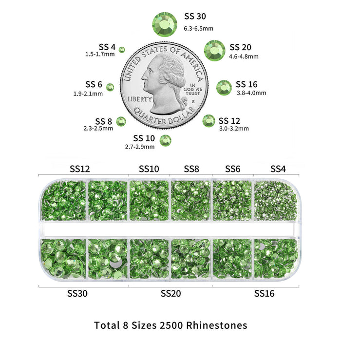 Beadsland Rhinestones for Makeup,8 sizes 2500pcs Flatback Rhinestones Face Gems for Nails Crafts with Tweezers and Wax Pencil- Light Green/Peridot