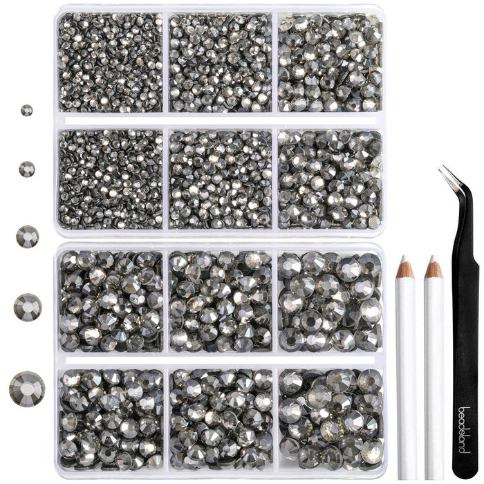 6736 Stück Hotfix-Strasssteine ​​zum Basteln von Kleidung, gemischt in 5 Größen, Hotfix-Kristalle mit Pinzette und Wachsstift-Set, SS6-SS30 – schwarzer Diamant