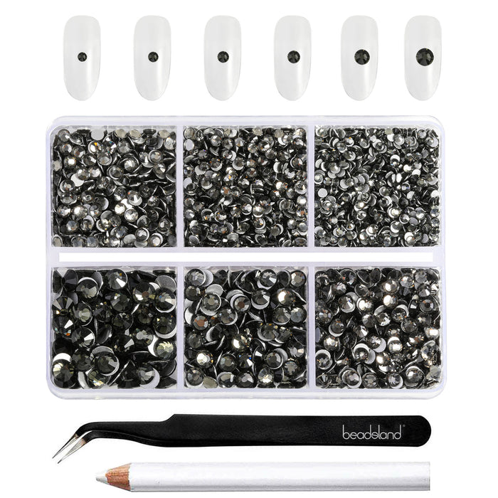 Beadsland 4300 Stück Strasssteine ​​mit flacher Rückseite, Nagelsteine, runde Kristall-Strasssteine ​​zum Basteln, gemischt in 6 Größen, mit Picking-Pinzette und Wachsstift-Set – schwarzer Diamant