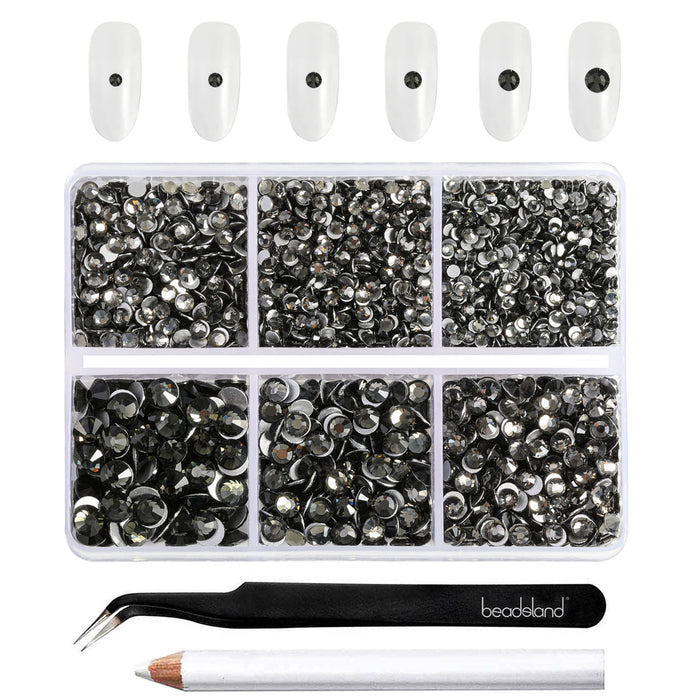 Beadsland 4300 piezas de diamantes de imitación con reverso plano, gemas para uñas, diamantes de imitación de cristal redondos para manualidades, mezcla de 6 tamaños con pinzas para recoger y kit de lápiz de cera, diamante negro