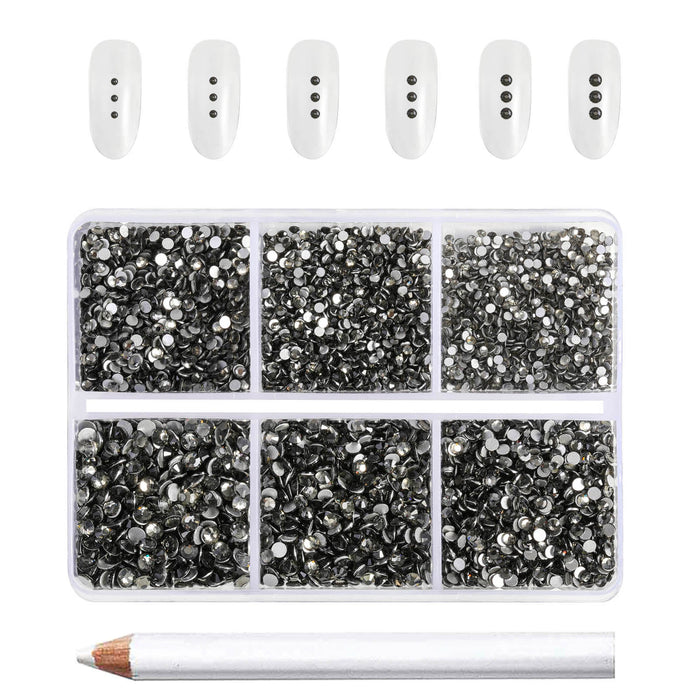 Beadsland 7200 Stück Strasssteine ​​mit flacher Rückseite, Nagelsteine, runde Kristall-Strasssteine ​​zum Basteln, gemischt in 6 Größen mit Wachsstift-Set, SS3–SS10 – schwarzer Diamant