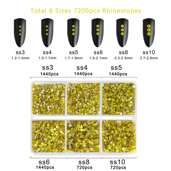 Beadsland 7200 piezas de diamantes de imitación con reverso plano, gemas para uñas, diamantes de imitación de cristal redondos para manualidades, 6 tamaños mezclados con kit de lápiz de cera, SS3-SS10, amarillo limón