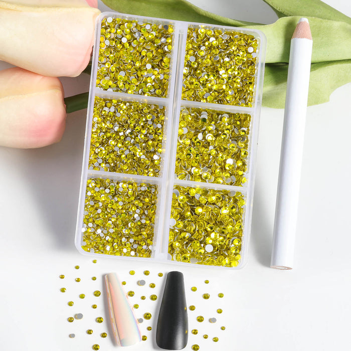 Beadsland 7200 piezas de diamantes de imitación con reverso plano, gemas para uñas, diamantes de imitación de cristal redondos para manualidades, 6 tamaños mezclados con kit de lápiz de cera, SS3-SS10, amarillo limón