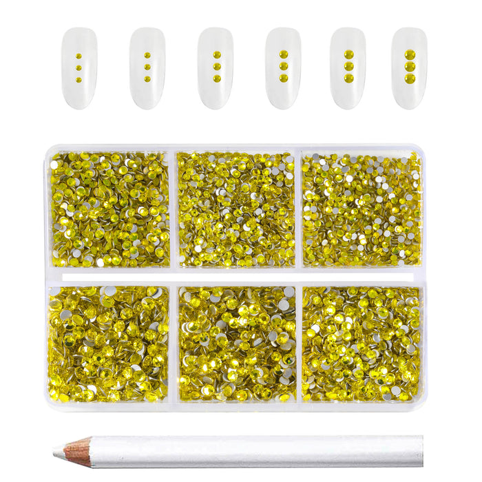 Beadsland 7200pcs Flatback Rhinestones,Nail Gems Round Crystal Rhinestones for Crafts,Mixed 6 Sizes with Wax Pencil Kit, SS3-SS10- Lemon Yellow