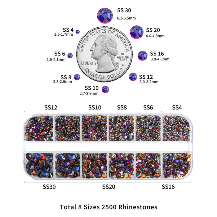 Beadsland Rhinestones for Makeup,8 sizes 2500pcs Flatback Rhinestones Face Gems for Nails Crafts with Tweezers and Wax Pencil- Blue Volcano