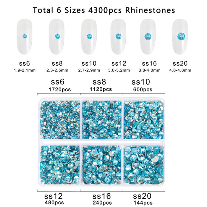 Beadsland 4300 Stück Strasssteine ​​mit flacher Rückseite, Nagelsteine, runde Kristall-Strasssteine ​​zum Basteln, gemischt in 6 Größen, mit Pinzette und Wachsstift-Set – Aquamarin