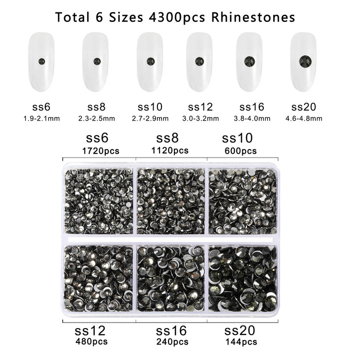 Beadsland 4300 piezas de diamantes de imitación con reverso plano, gemas para uñas, diamantes de imitación de cristal redondos para manualidades, mezcla de 6 tamaños con pinzas para recoger y kit de lápiz de cera, diamante negro