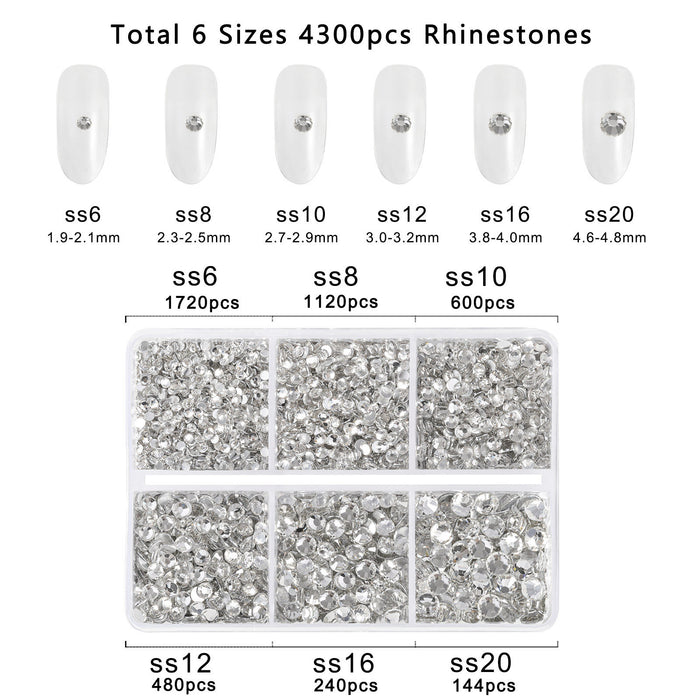 Beadsland 4300 Stück Strasssteine ​​mit flacher Rückseite, Nagelsteine, runde Kristall-Strasssteine ​​zum Basteln, gemischt in 6 Größen, mit Picking-Pinzette und Wachsstift-Set – Kristall