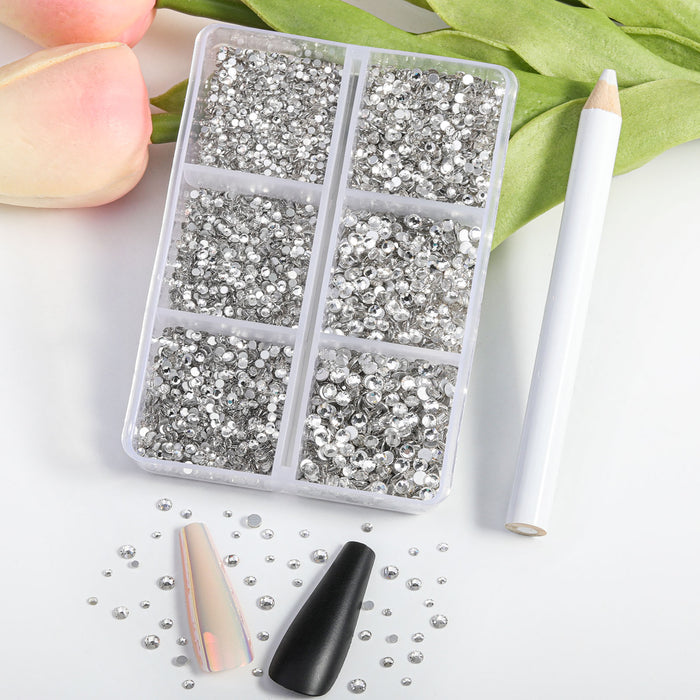 Beadsland 7200pcs Flatback Rhinestones,Nail Gems Round Crystal Rhinestones for Crafts,Mixed 6 Sizes with Wax Pencil Kit, SS3-SS10- Crystal