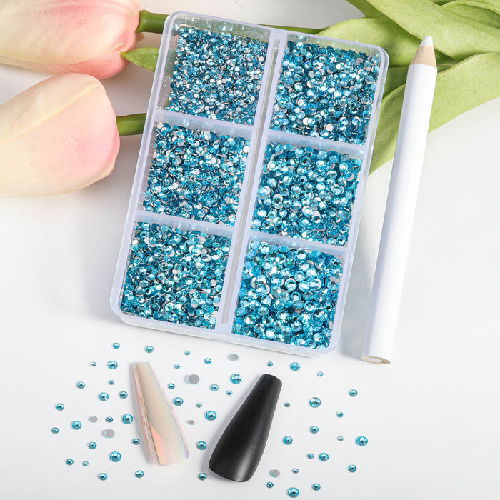 Beadsland 7200pcs Flatback Rhinestones,Nail Gems Round Crystal Rhinestones for Crafts,Mixed 6 Sizes with Wax Pencil Kit, SS3-SS10- Aquamarine