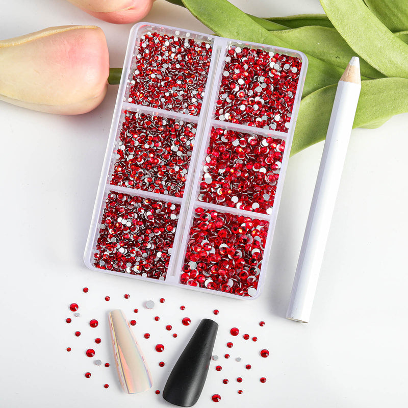 Beadsland 7200pcs Flatback Rhinestones,Nail Gems Round Crystal Rhinestones for Crafts,Mixed 6 Sizes with Wax Pencil Kit, SS3-SS10- Light Siam