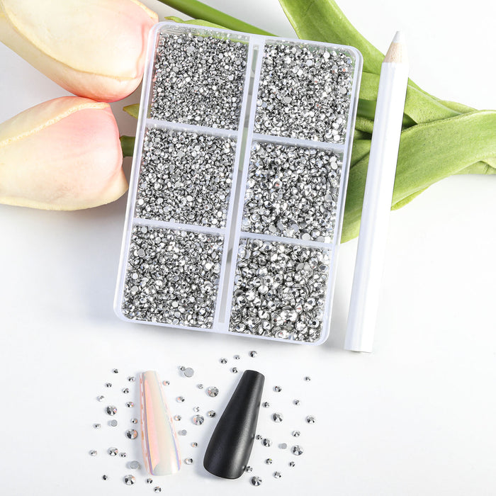 Beadsland 7200pcs Flatback Rhinestones,Nail Gems Round Crystal Rhinestones for Crafts,Mixed 6 Sizes with Wax Pencil Kit, SS3-SS10- Silver Hematite