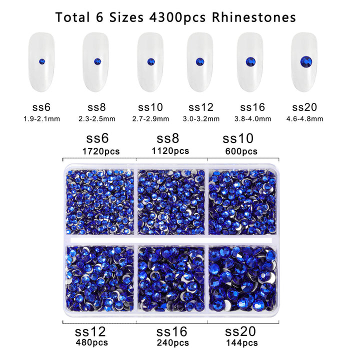 Beadsland 4300 Stück Strasssteine ​​mit flacher Rückseite, Nagelsteine, runde Kristall-Strasssteine ​​zum Basteln, gemischt in 6 Größen, mit Picking-Pinzette und Wachsstift-Set – Saphir