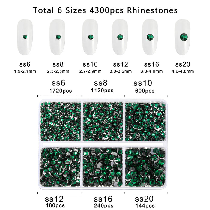 Beadsland 4300 piezas de diamantes de imitación con reverso plano, gemas para uñas, diamantes de imitación de cristal redondos para manualidades, mezcla de 6 tamaños con pinzas para recoger y kit de lápiz de cera, esmeralda