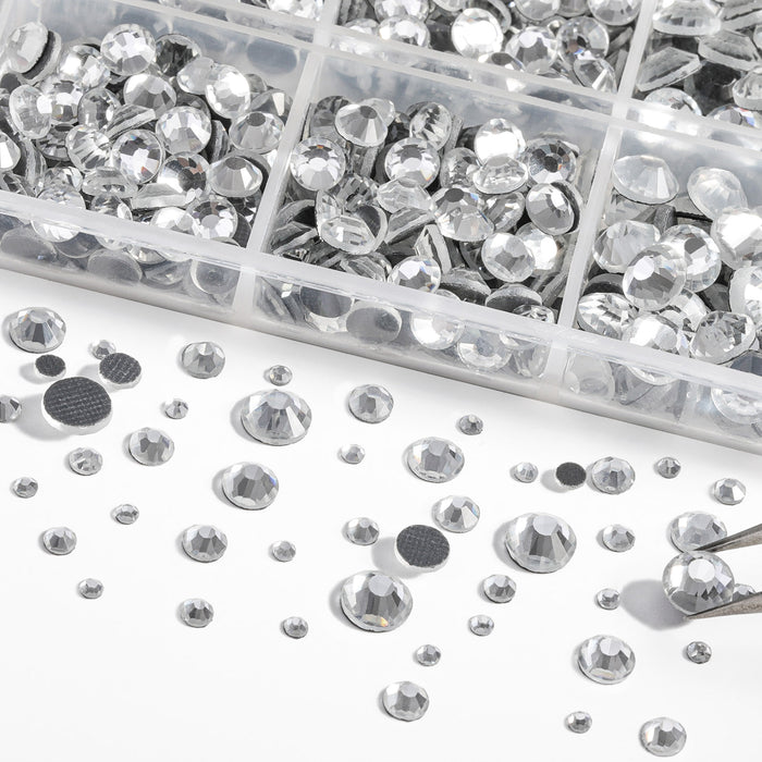 6736 piezas de diamantes de imitación Hotfix para manualidades, ropa, mezcla de 5 tamaños, cristales Hotfix con pinzas y kit de lápiz de cera, SS6-SS30- transparente