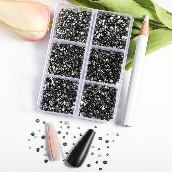 Beadsland 7200pcs Flatback Rhinestones,Nail Gems Round Crystal Rhinestones for Crafts,Mixed 6 Sizes with Wax Pencil Kit, SS3-SS10- Black Diamond