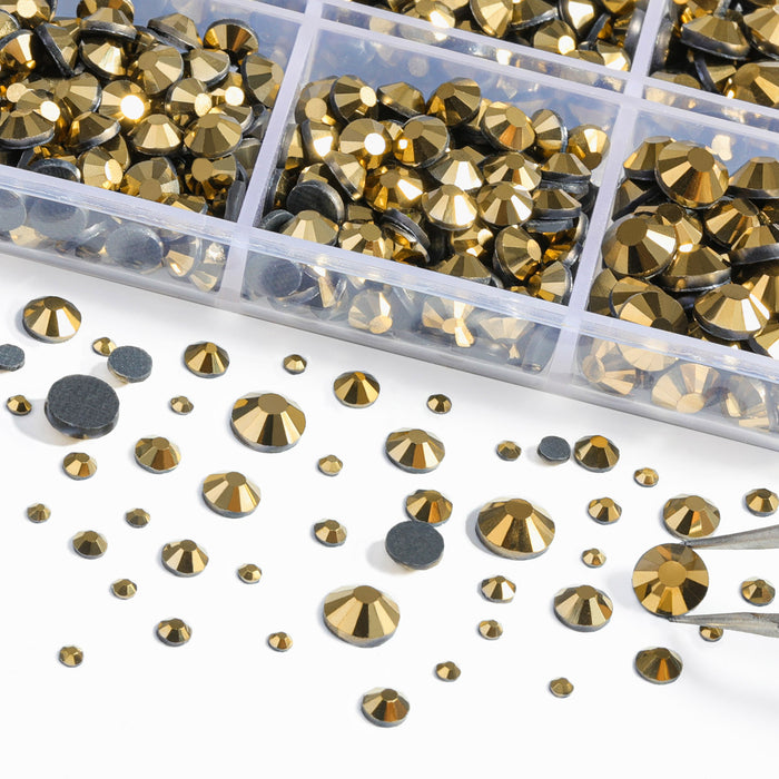 6736 piezas de diamantes de imitación Hotfix para manualidades, ropa, mezcla de 5 tamaños, cristales Hotfix con pinzas y kit de lápiz de cera, SS6-SS30- Aurum