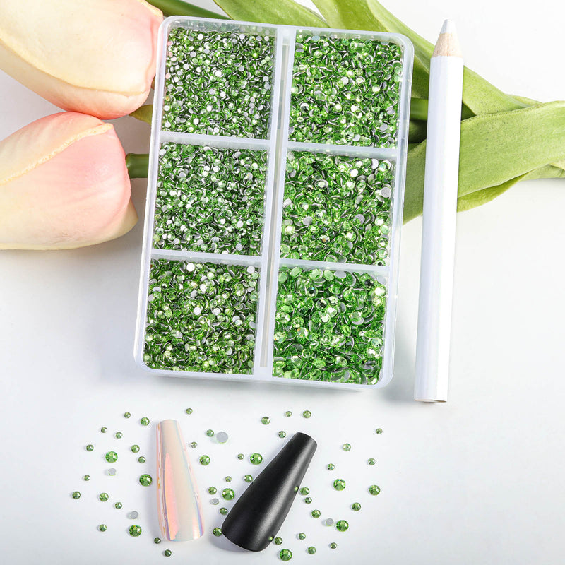 Beadsland 7200pcs Flatback Rhinestones,Nail Gems Round Crystal Rhinestones for Crafts,Mixed 6 Sizes with Wax Pencil Kit, SS3-SS10- Light Green/Peridot