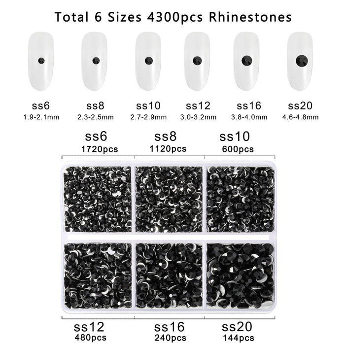Beadsland 4300 Stück Strasssteine ​​mit flacher Rückseite, Nagelsteine, runde Kristall-Strasssteine ​​zum Basteln, gemischt in 6 Größen, mit Picking-Pinzette und Wachsstift-Set – Schwarz