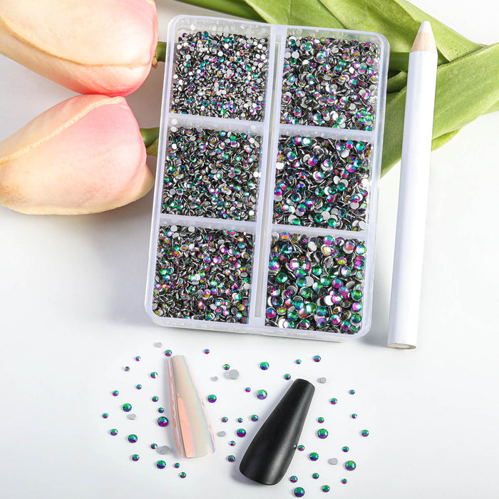 Beadsland 7200 piezas de diamantes de imitación con reverso plano, gemas para uñas, diamantes de imitación de cristal redondos para manualidades, 6 tamaños mezclados con kit de lápiz de cera, SS3-SS10- Green Volcano