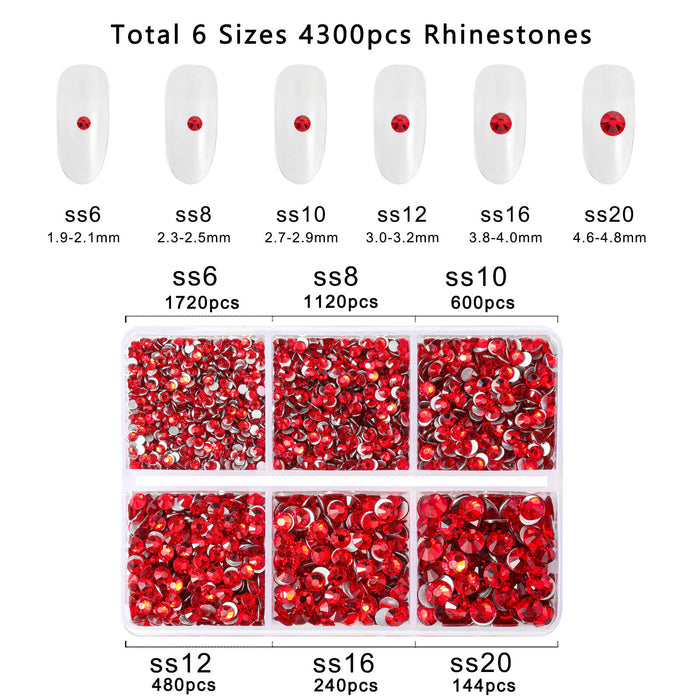 Beadsland 4300 Stück Strasssteine ​​mit flacher Rückseite, Nagelsteine, runde Kristall-Strasssteine ​​zum Basteln, gemischt in 6 Größen, mit Picking-Pinzette und Wachsstift-Set – helles Siam