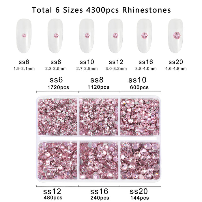 Beadsland 4300 piezas de diamantes de imitación con reverso plano, gemas para uñas, diamantes de imitación de cristal redondos para manualidades, mezcla de 6 tamaños con pinzas para recoger y kit de lápiz de cera, color rosa claro