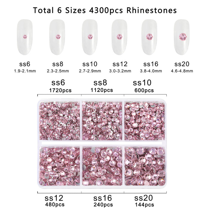 Beadsland 4300 Stück Strasssteine ​​mit flacher Rückseite, Nagelsteine, runde Kristall-Strasssteine ​​zum Basteln, gemischt in 6 Größen, mit Picking-Pinzette und Wachsstift-Set – Hellrosa
