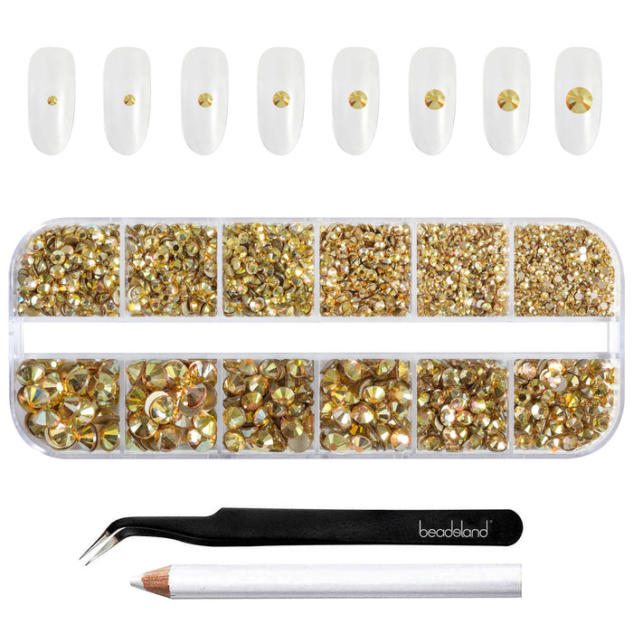 Beadsland Rhinestones for Makeup,8 sizes 2500pcs Flatback Rhinestones Face Gems for Nails Crafts with Tweezers and Wax Pencil- Metal Sunlight