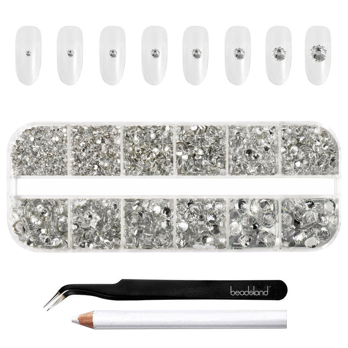 Beadsland Rhinestones for Makeup,8 sizes 2500pcs Flatback Rhinestones Face Gems for Nails Crafts with Tweezers and Wax Pencil- Crystal