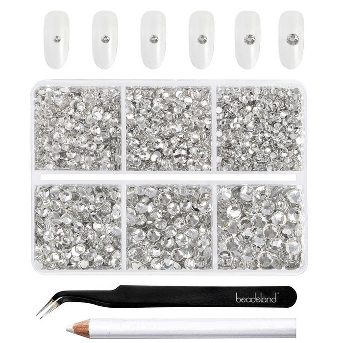 Beadsland 4300 piezas de diamantes de imitación con reverso plano, gemas para uñas, diamantes de imitación de cristal redondos para manualidades, mezcla de 6 tamaños con pinzas para recoger y kit de lápiz de cera, cristal