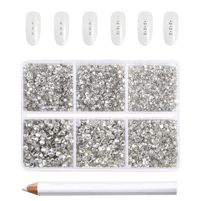 Beadsland 7200 piezas de diamantes de imitación con reverso plano, gemas para uñas, diamantes de imitación de cristal redondos para manualidades, 6 tamaños mezclados con kit de lápiz de cera, SS3-SS10- Crystal