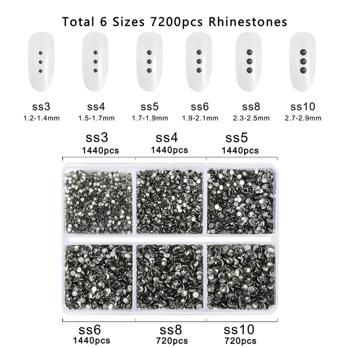 Beadsland 7200 piezas de diamantes de imitación con reverso plano, gemas para uñas, diamantes de imitación de cristal redondos para manualidades, 6 tamaños mezclados con kit de lápiz de cera, SS3-SS10- Black Diamond