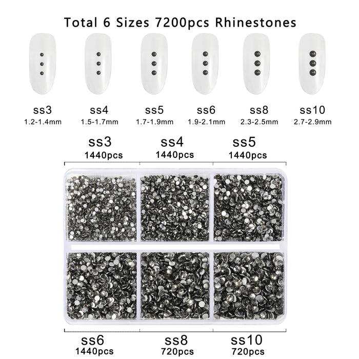 Beadsland 7200pcs Flatback Rhinestones,Nail Gems Round Crystal Rhinestones for Crafts,Mixed 6 Sizes with Wax Pencil Kit, SS3-SS10- Black Diamond
