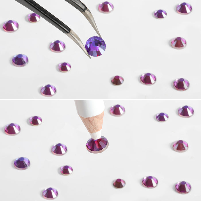 Beadsland Rhinestones para maquillaje, 8 tamaños, 2500 piezas Flatback Rhinestones Face Gems para uñas Manualidades con pinzas y lápiz de cera - Terciopelo púrpura