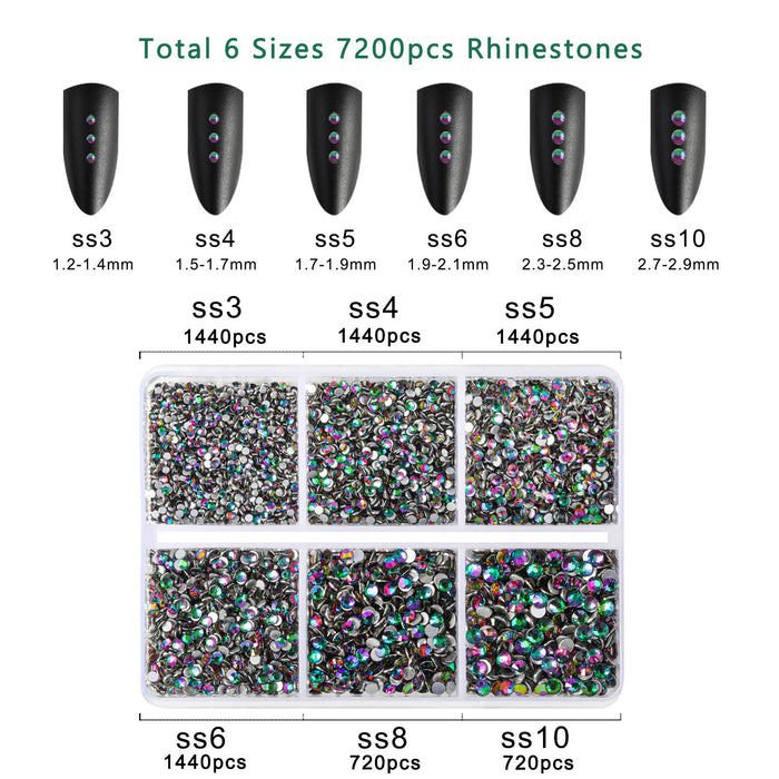 Beadsland 7200 piezas de diamantes de imitación con reverso plano, gemas para uñas, diamantes de imitación de cristal redondos para manualidades, 6 tamaños mezclados con kit de lápiz de cera, SS3-SS10- Green Volcano