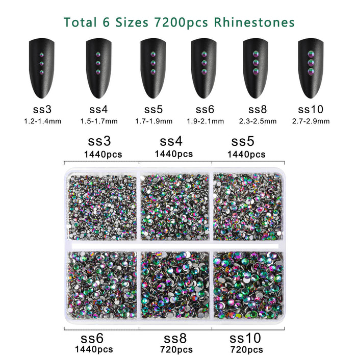 Beadsland 7200pcs Flatback Rhinestones,Nail Gems Round Crystal Rhinestones for Crafts,Mixed 6 Sizes with Wax Pencil Kit, SS3-SS10- Green Volcano