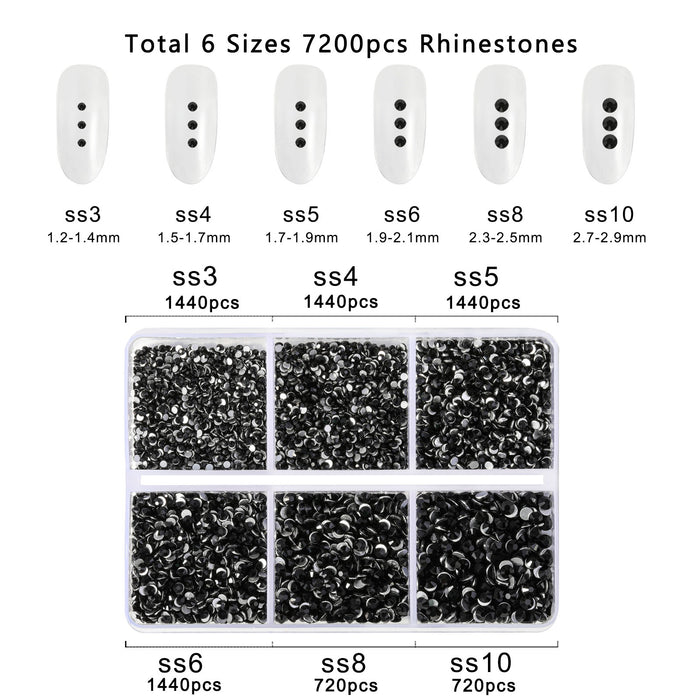 Beadsland 7200pcs Flatback Rhinestones,Nail Gems Round Crystal Rhinestones for Crafts,Mixed 6 Sizes with Wax Pencil Kit, SS3-SS10- Black