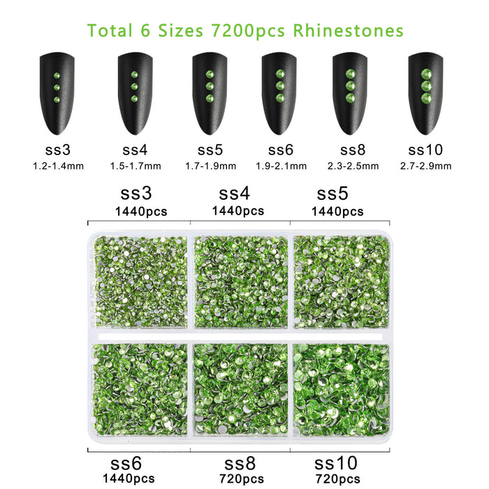 Beadsland 7200 Stück Strasssteine ​​mit flacher Rückseite, Nagelsteine, runde Kristall-Strasssteine ​​zum Basteln, gemischt in 6 Größen mit Wachsstift-Set, SS3–SS10 – Hellgrün