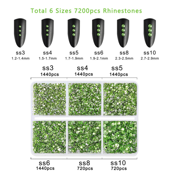 Beadsland 7200pcs Flatback Rhinestones,Nail Gems Round Crystal Rhinestones for Crafts,Mixed 6 Sizes with Wax Pencil Kit, SS3-SS10- Light Green