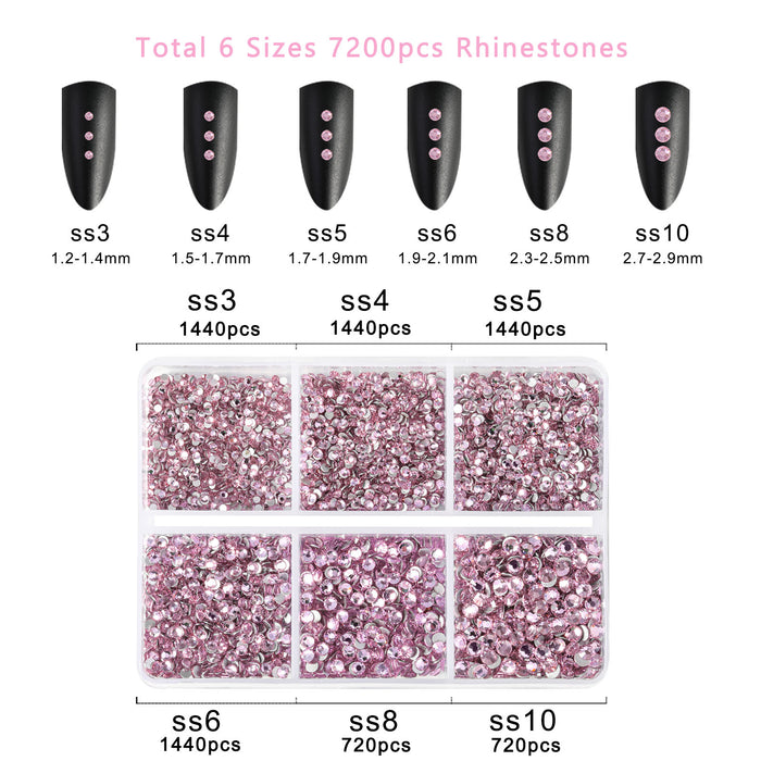Beadsland 7200 piezas de diamantes de imitación con reverso plano, gemas para uñas, diamantes de imitación de cristal redondos para manualidades, 6 tamaños mezclados con kit de lápiz de cera, SS3-SS10, rosa claro