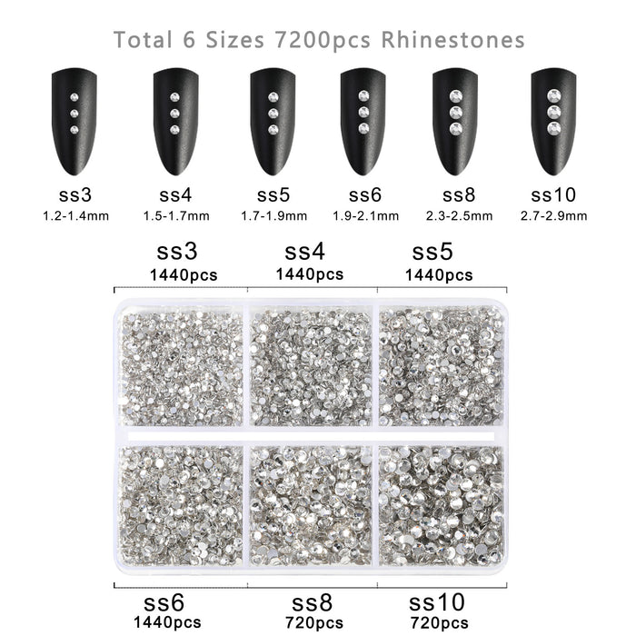 Beadsland 7200 piezas de diamantes de imitación con reverso plano, gemas para uñas, diamantes de imitación de cristal redondos para manualidades, 6 tamaños mezclados con kit de lápiz de cera, SS3-SS10- Crystal